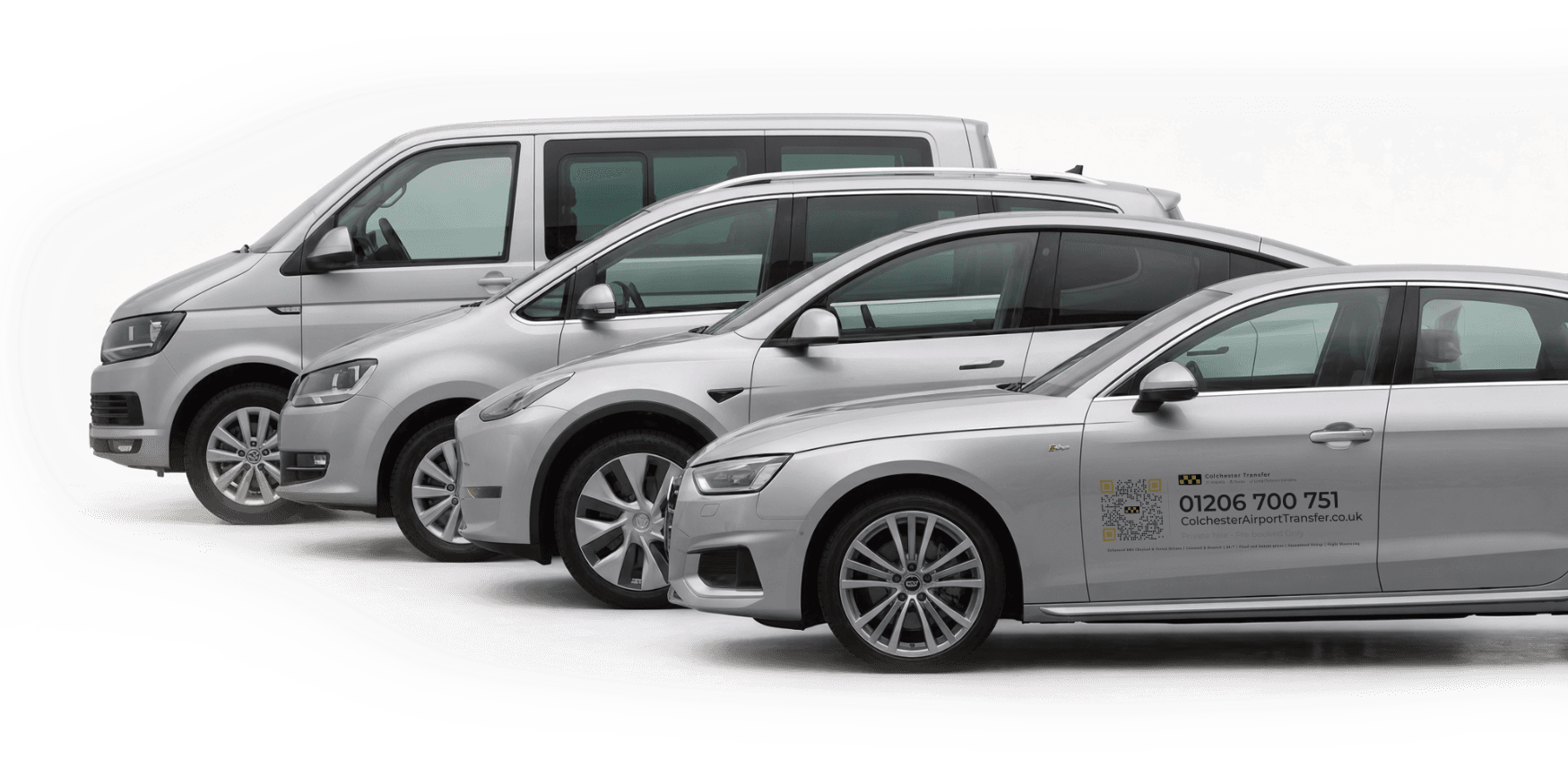 Four silver vehicles in a row: a minibus, an MPV, an SUV and a saloon
